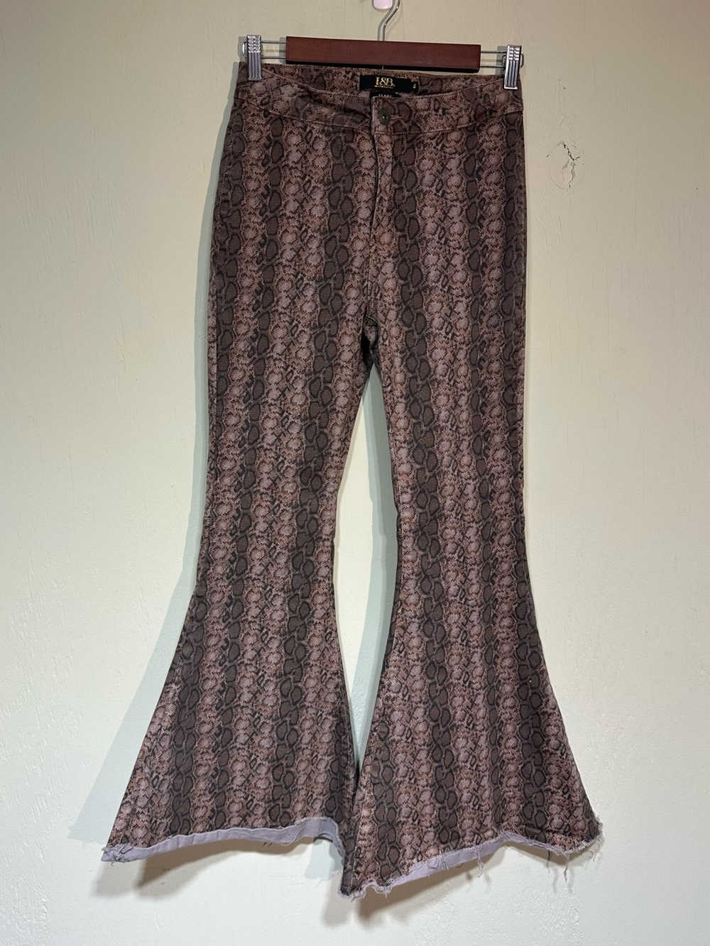Lucky & Blessed brown snake skin print flare bell bottoms raw hem size 4